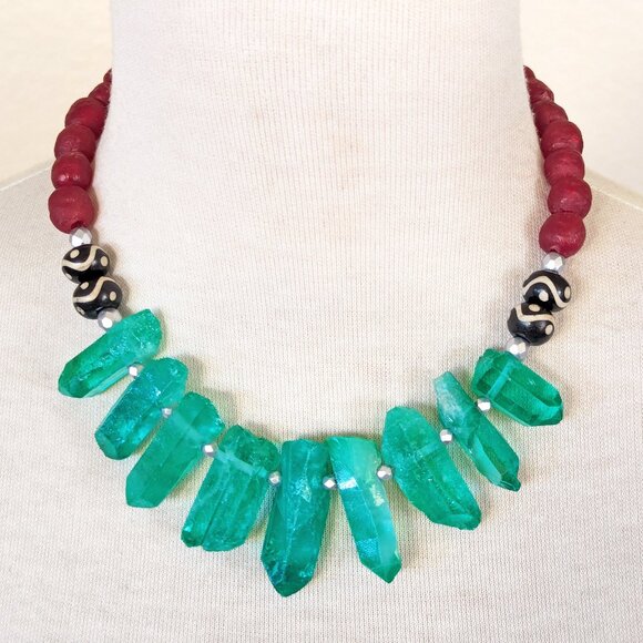 Burgundy & Green Quartz & Recycled Glass African Print Bib Necklace - Picture 1 of 3